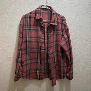 Pink & Blue Plaid Flannel Shirt Button Down Top